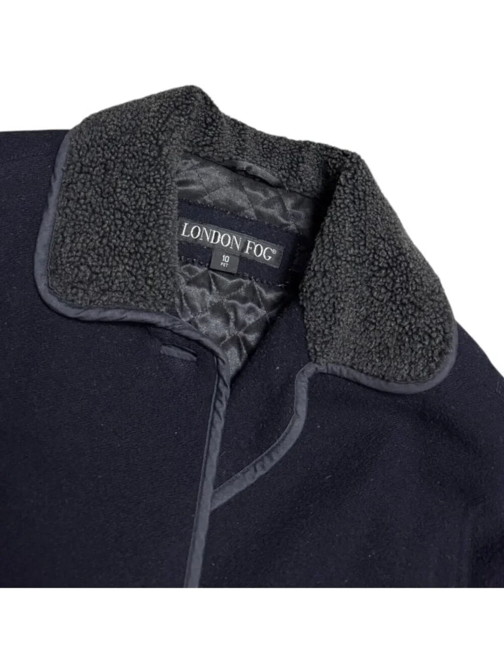 LONDON FOG Designer WOOL Sherpa Fleece  Blue Winter Parka Coat Womens 10 Petite